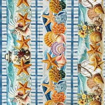Tecido Tricoline Barrado Digital Estrelas e Conchas do Mar
