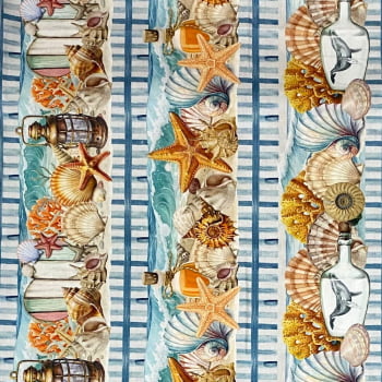 Tecido Tricoline Barrado Digital Estrelas e Conchas do Mar