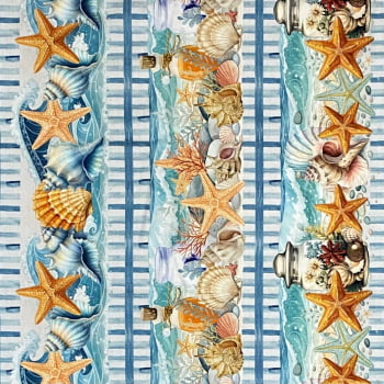Tecido Tricoline Barrado Digital Estrelas e Conchas do Mar