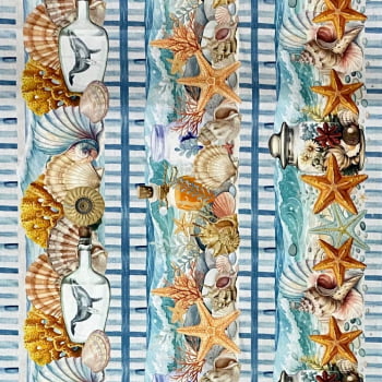 Tecido Tricoline Barrado Digital Estrelas e Conchas do Mar