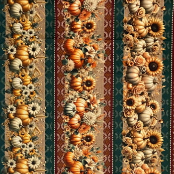 Tecido Tricoline Barrado Digital Floral Abóbora e Girassol