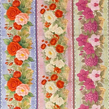 Tecido Tricoline Barrado Digital Floral Diversos Vermelho Rosa Branco