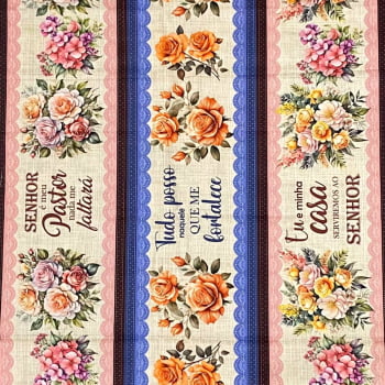 Tecido Tricoline Barrado Digital Floral Flores e Frases Religiosas
