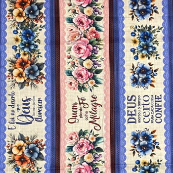 Tecido Tricoline Barrado Digital Floral Flores e Frases Religiosas