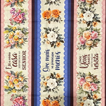 Tecido Tricoline Barrado Digital Floral Flores e Frases Religiosas
