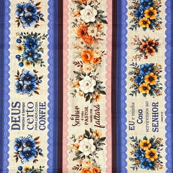 Tecido Tricoline Barrado Digital Floral Flores e Frases Religiosas