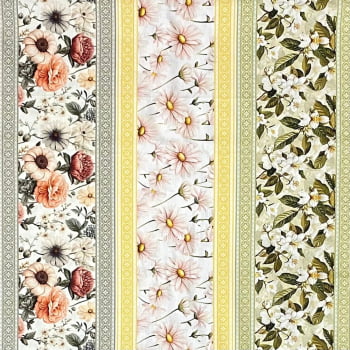 Tecido Tricoline Barrado Digital Floral Flores e Ladrilhos Colorido