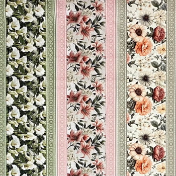 Tecido Tricoline Barrado Digital Floral Flores e Ladrilhos Colorido