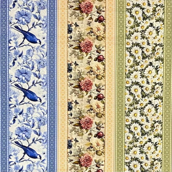 Tecido Tricoline Barrado Digital Floral Flores e Ladrilhos Colorido