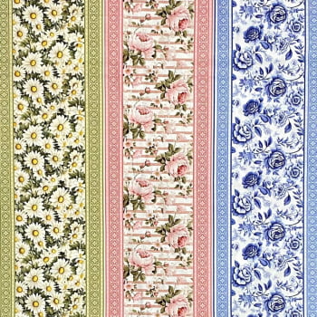 Tecido Tricoline Barrado Digital Floral Flores e Ladrilhos Colorido