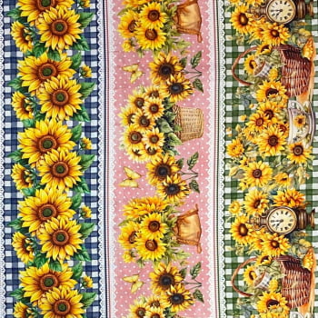 Tecido Tricoline Barrado Digital Floral Girassol Decorações e Girassois