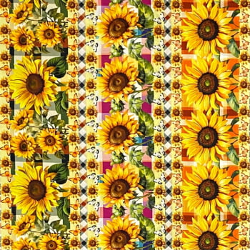 Tecido Tricoline Barrado Digital Floral Girassol Fundo Xadrez