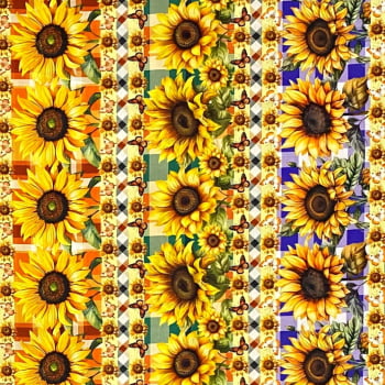 Tecido Tricoline Barrado Digital Floral Girassol Fundo Xadrez