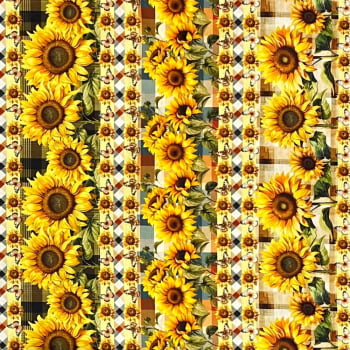 Tecido Tricoline Barrado Digital Floral Girassol Fundo Xadrez