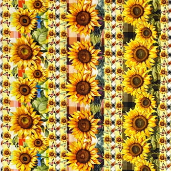Tecido Tricoline Barrado Digital Floral Girassol Fundo Xadrez