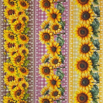 Tecido Tricoline Barrado Digital Floral Girassol Girassois Fundo Xadrez Colorido