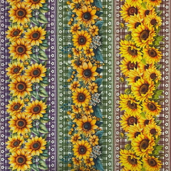 Tecido Tricoline Barrado Digital Floral Girassol Girassois Fundo Xadrez Colorido