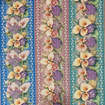 Tecido Tricoline Barrado Digital Floral Hortensias E Copo de Leite 