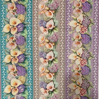 Tecido Tricoline Barrado Digital Floral Hortensias E Copo de Leite