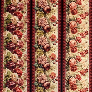Tecido Tricoline Barrado Digital Floral Rosas Elegantes Vintage