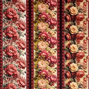Tecido Tricoline Barrado Digital Floral Rosas Elegantes Vintage