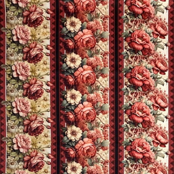 Tecido Tricoline Barrado Digital Floral Rosas Elegantes Vintage