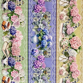 Tecido Tricoline Barrado Digital Floral Vasos e Louças Hortensias