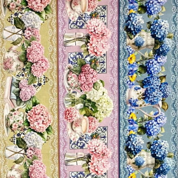 Tecido Tricoline Barrado Digital Floral Vasos e Louças Hortensias