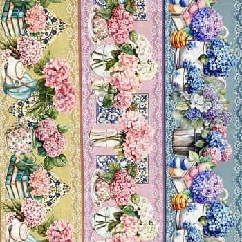 Tecido Tricoline Barrado Digital Floral Vasos e Louças Hortensias