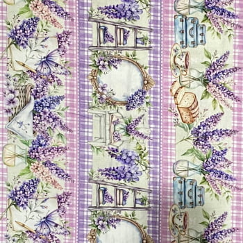 Tecido Tricoline Barrado Digital Floral Vida Lavanda