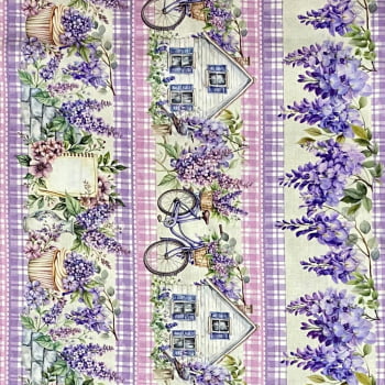 Tecido Tricoline Barrado Digital Floral Vida Lavanda