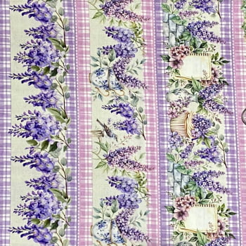 Tecido Tricoline Barrado Digital Floral Vida Lavanda