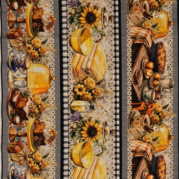 Tecido Tricoline Barrado Digital Flores e Chas Xadrez Preto e Branco