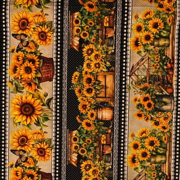 Tecido Tricoline Barrado Digital Flores Feira do Girassol Xadrez Preto e Branco Tecido Tricoline Barrado Digital Flores Feira do Girassol Xadrez Preto e Branco