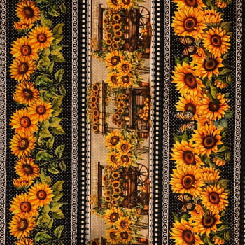 Tecido Tricoline Barrado Digital Flores Feira do Girassol Xadrez Preto e Branco 