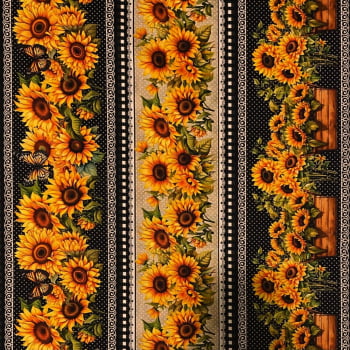 Tecido Tricoline Barrado Digital Flores Feira do Girassol Xadrez Preto e Branco 