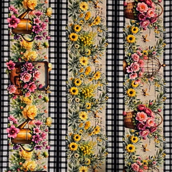 Tecido Tricoline Barrado Digital Flores Xadrez Preto e Branco Coleção Florista Tecido Tricoline Barrado Digital Flores Xadrez Preto e Branco Coleção Florista