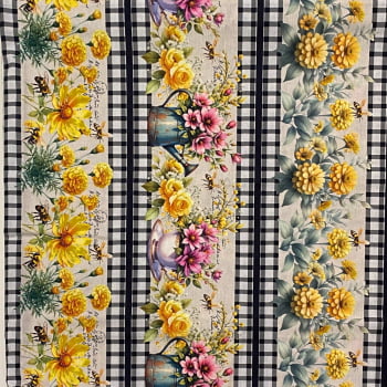 Tecido Tricoline Barrado Digital Flores Xadrez Preto e Branco Coleção Florista