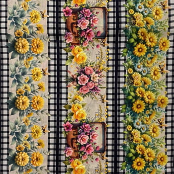 Tecido Tricoline Barrado Digital Flores Xadrez Preto e Branco Coleção Florista