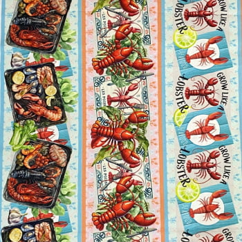 Tecido Tricoline Barrado Digital Frutos do Mar Lagostas