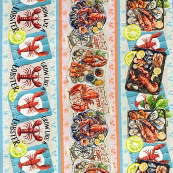 Tecido Tricoline Barrado Digital Frutos do Mar Lagostas