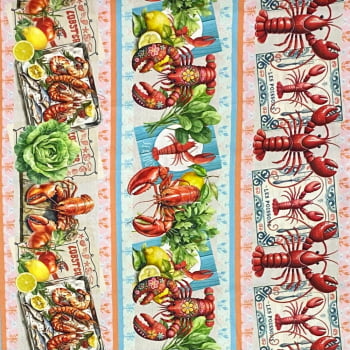 Tecido Tricoline Barrado Digital Frutos do Mar Lagostas