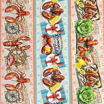 Tecido Tricoline Barrado Digital Frutos do Mar Lagostas