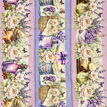 Tecido Tricoline Barrado Digital Lavabo Floral Rosa e Lilas 