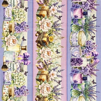 Tecido Tricoline Barrado Digital Lavabo Floral Rosa e Lilas 
