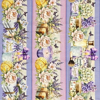 Tecido Tricoline Barrado Digital Lavabo Floral Rosa e Lilas 