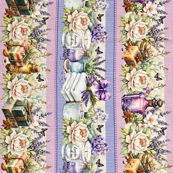 Tecido Tricoline Barrado Digital Lavabo Floral Rosa e Lilas 
