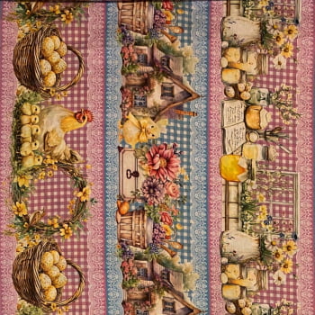 Tecido Tricoline Barrado Digital Passaros, Louças e Limão Siciliano 