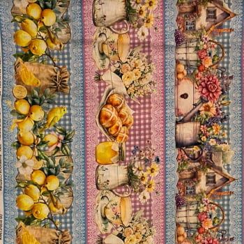 Tecido Tricoline Barrado Digital Passaros, Louças e Limão Siciliano 