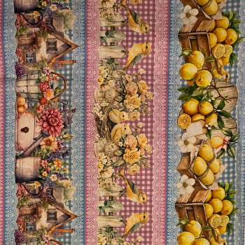 Tecido Tricoline Barrado Digital Passaros, Louças e Limão Siciliano